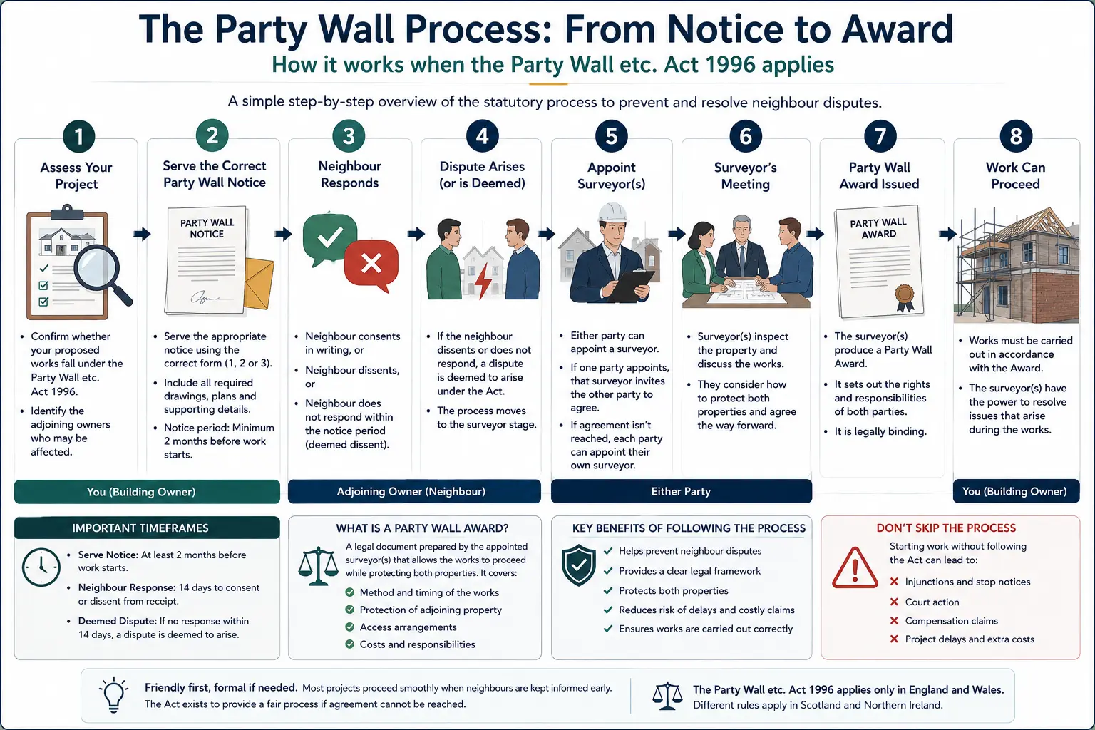 Do I Need a Party Wall Agreement? An infographic showing the party wall process from notice to award in a very interactive way for the citizens living in Dartford, UK