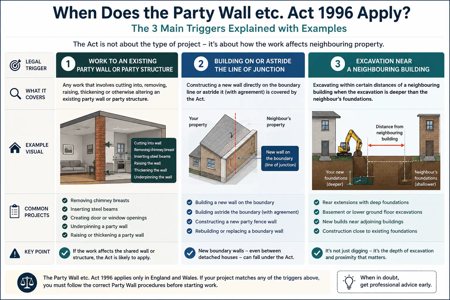 Do I Need a Party Wall Agreement? An infographic showing when does the party wall etc act 1996 apply like excavation, junction, painting, in Dartford, UK